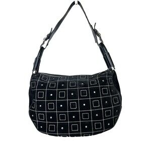 LAMBERTSON TRUEX Black Suede Shoulder Bag White Geo Stitching Studs Vintage